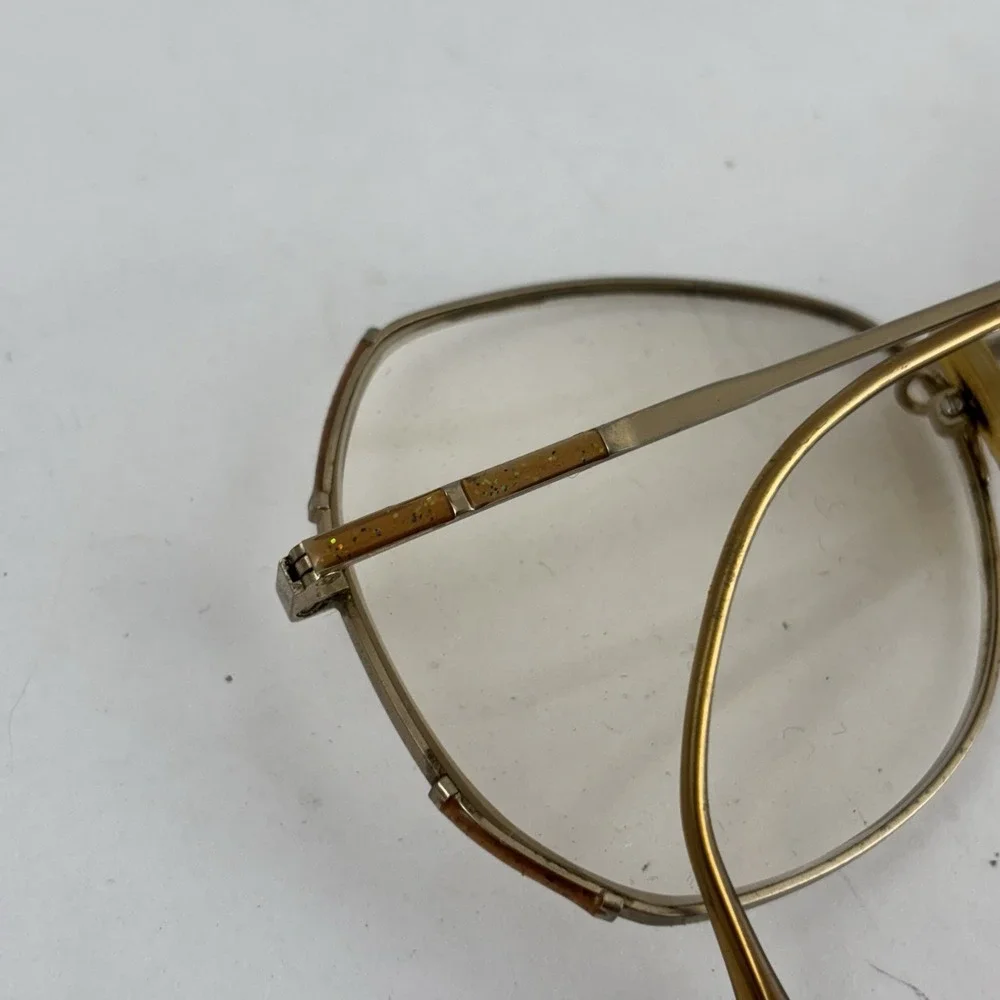 Vintage‎ 1970s Eyeglasses Large Metal Frames Gold Glitter Accents Womens
